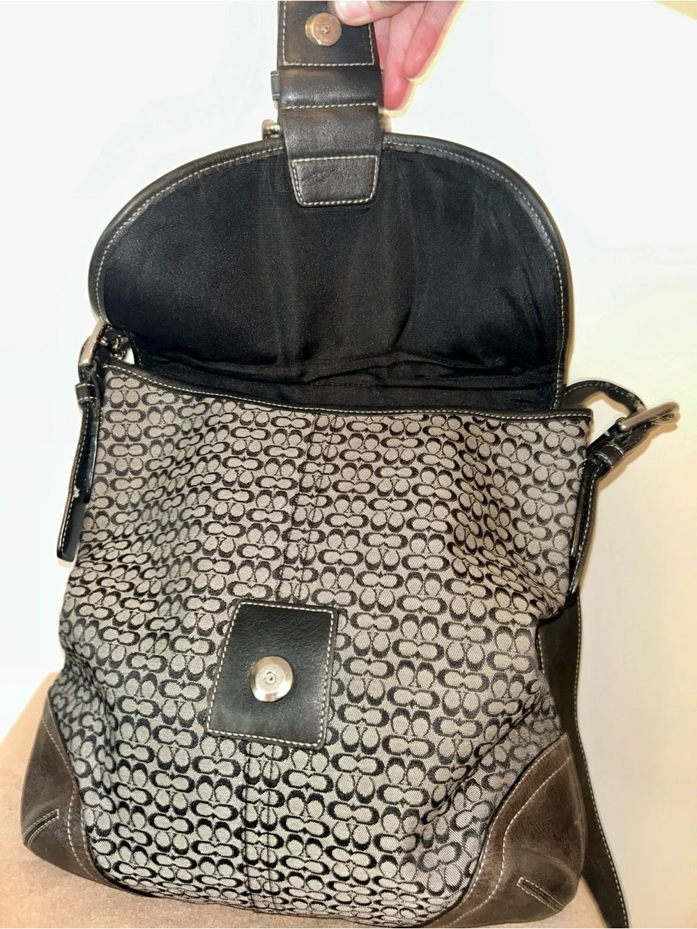 COACH Vintage Soho Signature Monogram Canvas and Leather Bag, black and gray